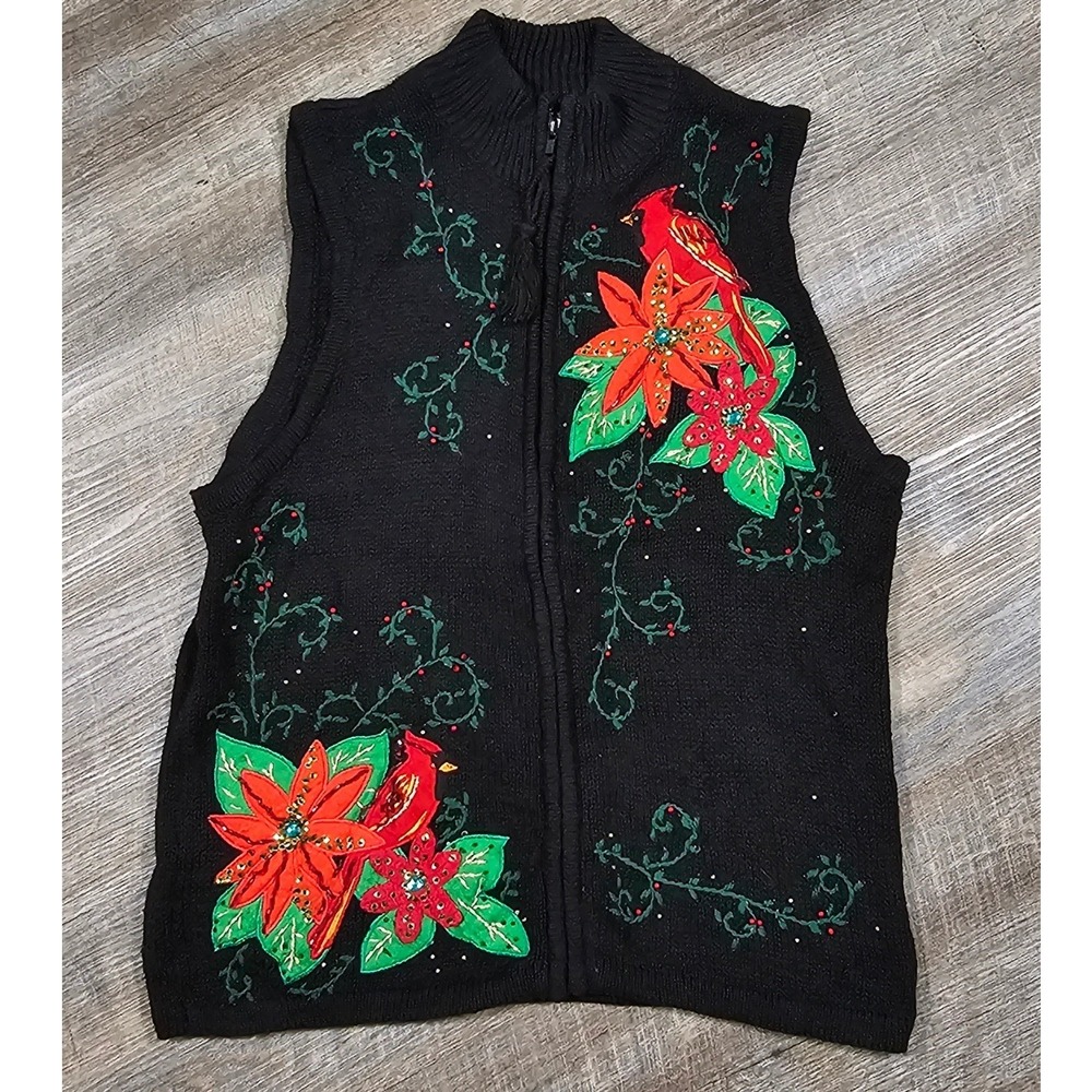 Tiara International Christmas Cardinal Poinsettia Sweater Vest Black Medium